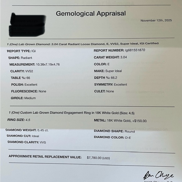 Elegant radiant cut 3 carat lab grown diamond set in 18K white gold pave ring - Picture 16 of 16